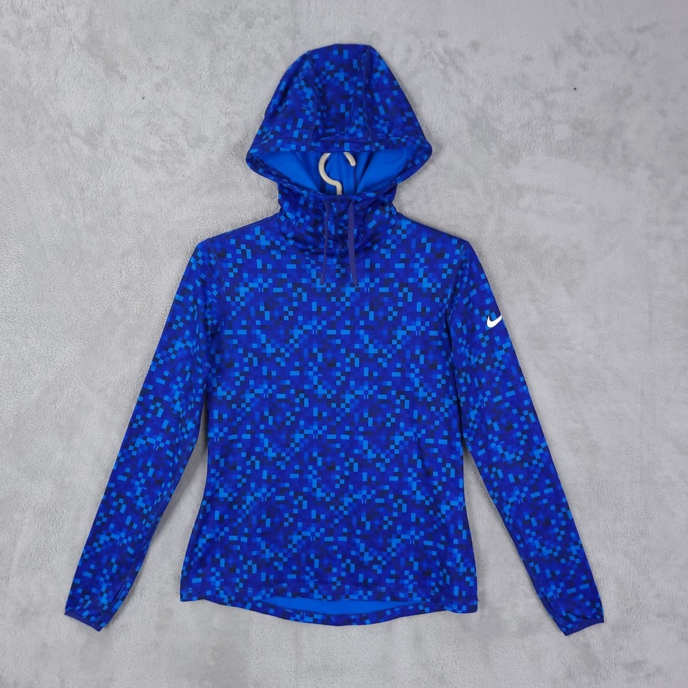 Nike Hoodie Womens L Blue Pro Dri FIT Pixel Digital Camo Thumbholes Long Sleeve